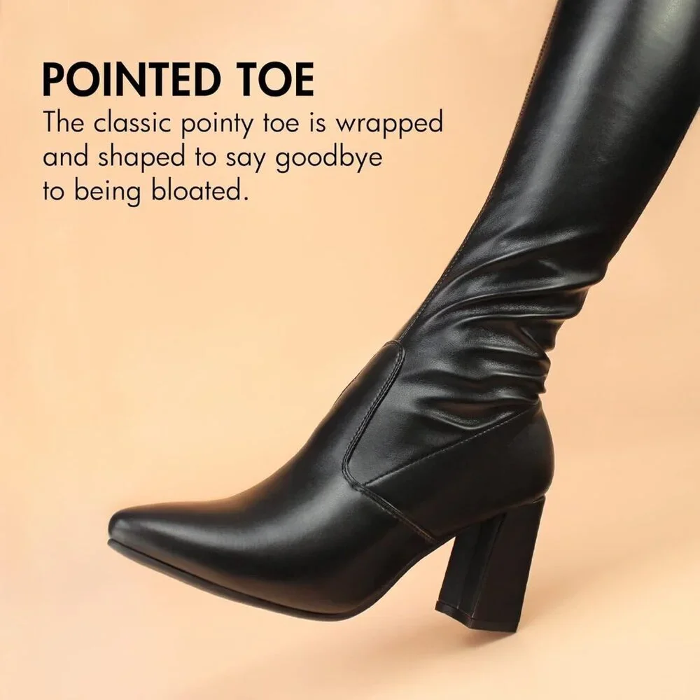 Women's Black-pu Polyurethane (PU) Thigh High Over The Knee Pointy toe Boots